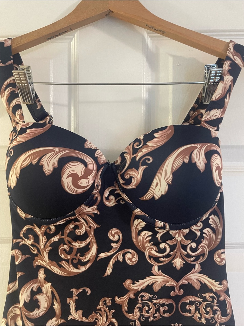 SHEIN Navy & Brown with Cream  Baroque Scroll bodysuit
